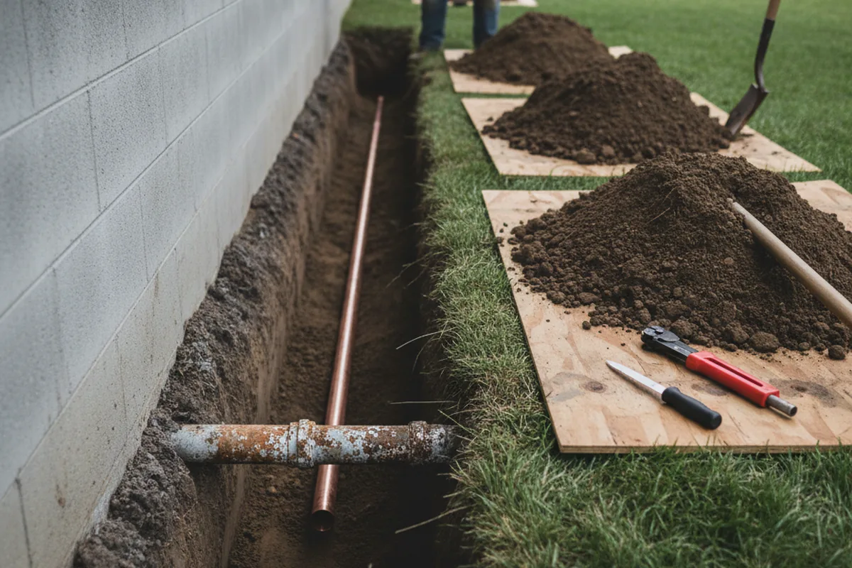 Excavated water line trench during Sewer Line Repair in Hubbardsville